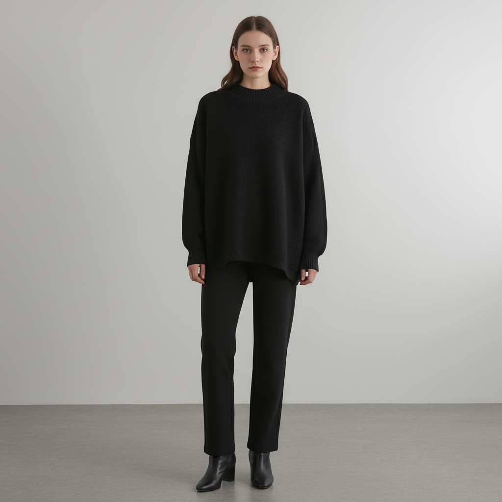 Dámský diagonálně žebrovaný svetr s oversized střihem a stojáčkem
