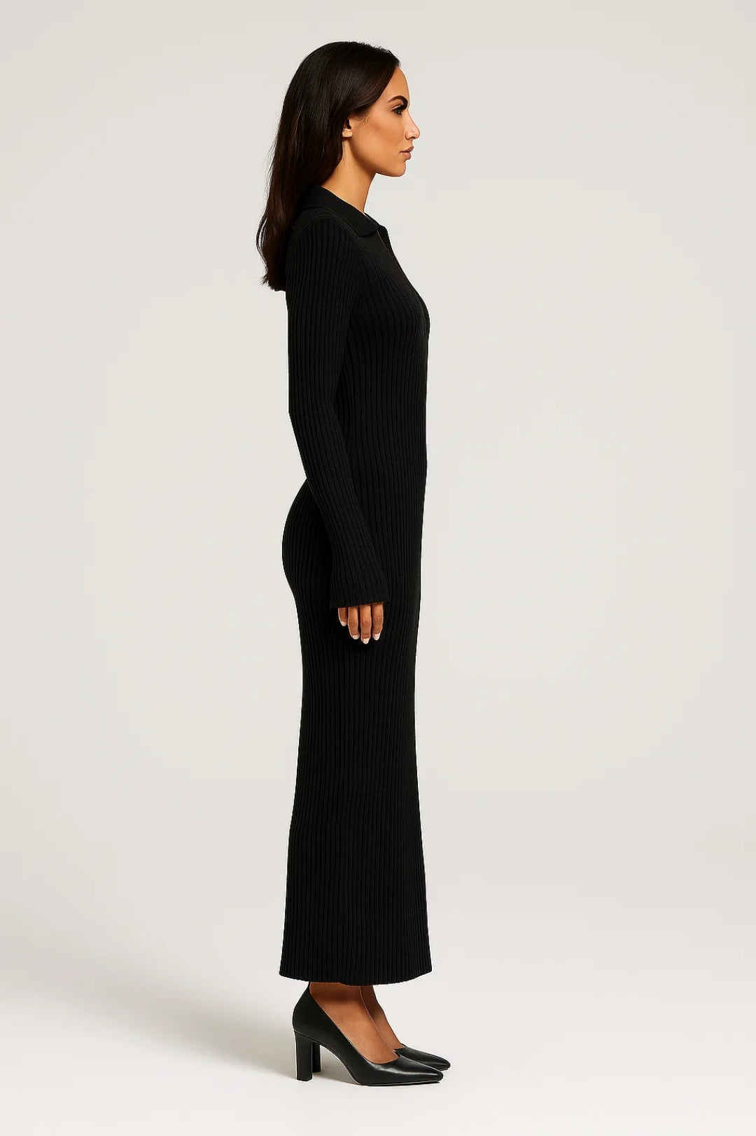 Women’s Dress Ribbed Collared Knit Flared Maxi Shape