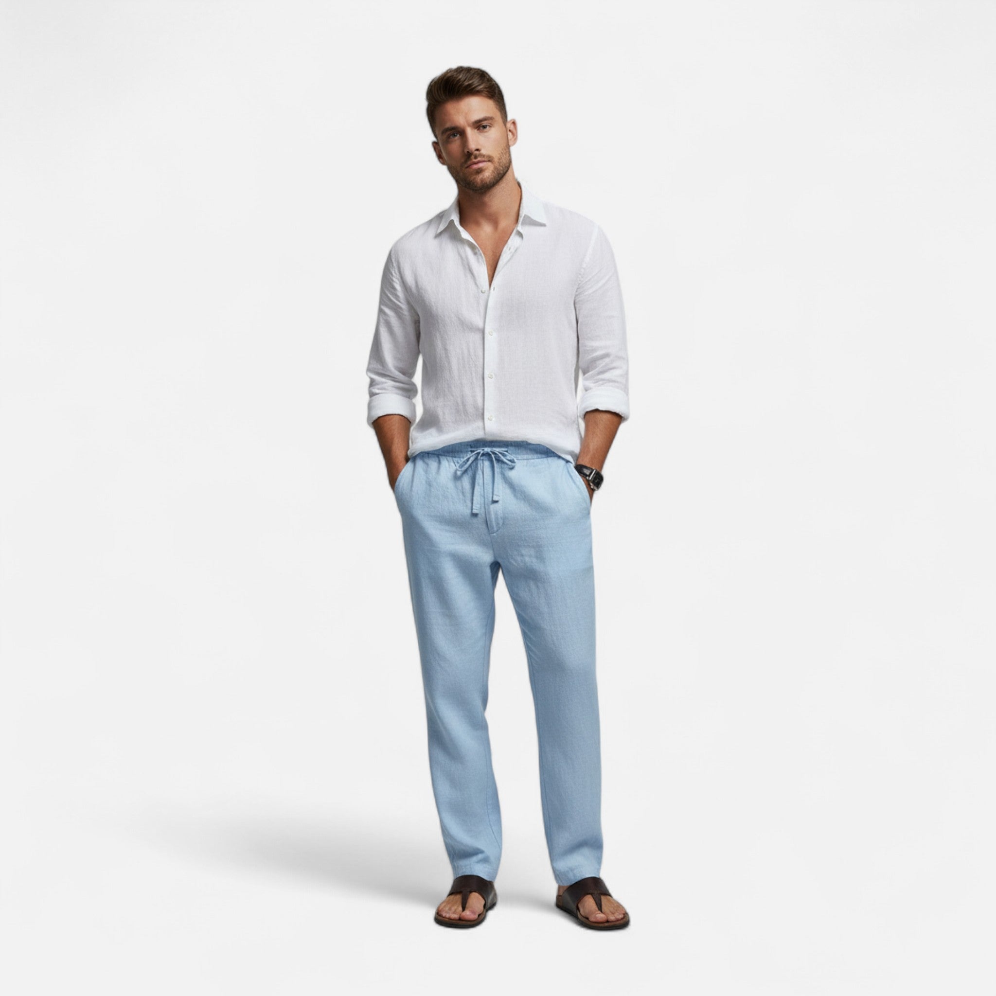 Valmonti | Men’s Linen Trousers – Beige Relaxed-Fit Elegance