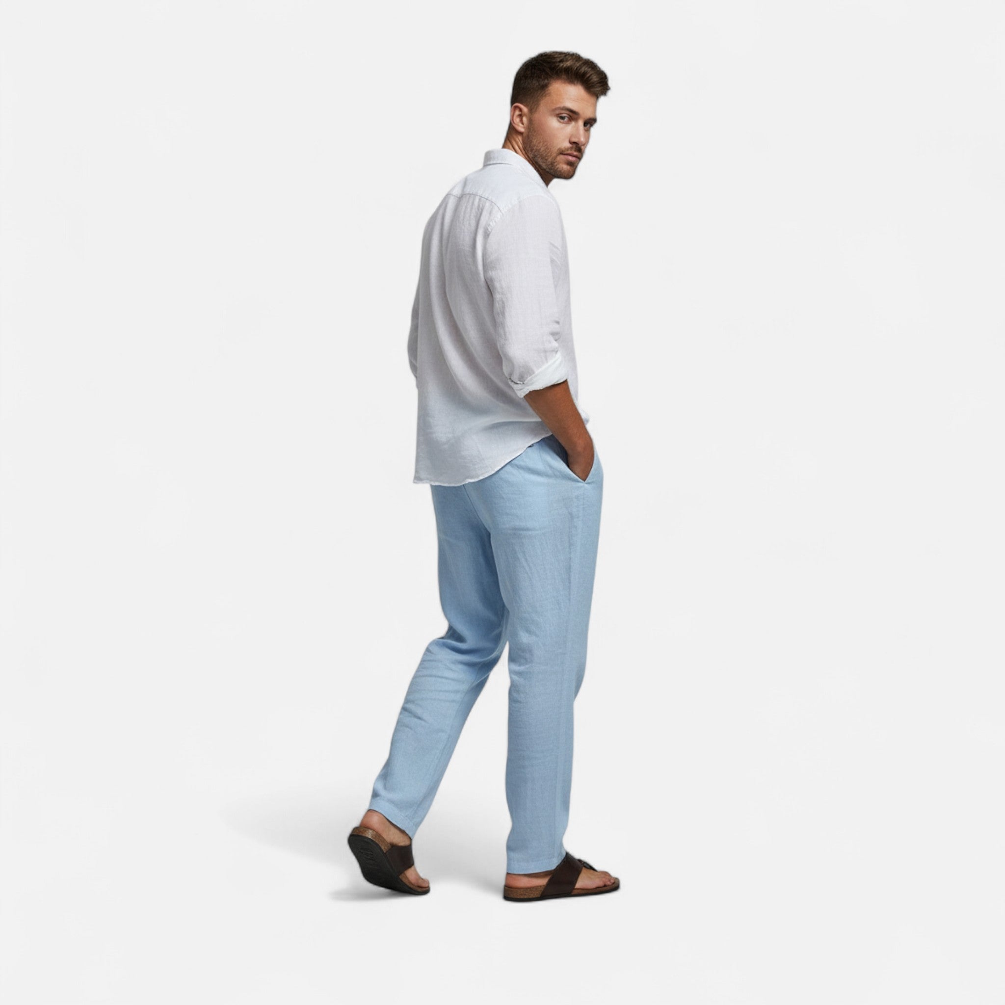 Valmonti | Men’s Linen Trousers – Beige Relaxed-Fit Elegance