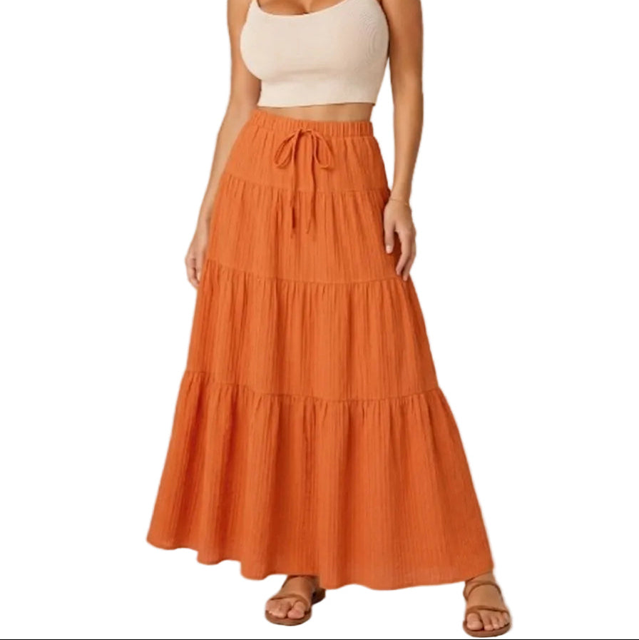 Dámská boho maxi sukně s volánovými vrstvami - design s vysokým pasem a elastickým pasem s knoflíky vpředu pro letní dovolenou