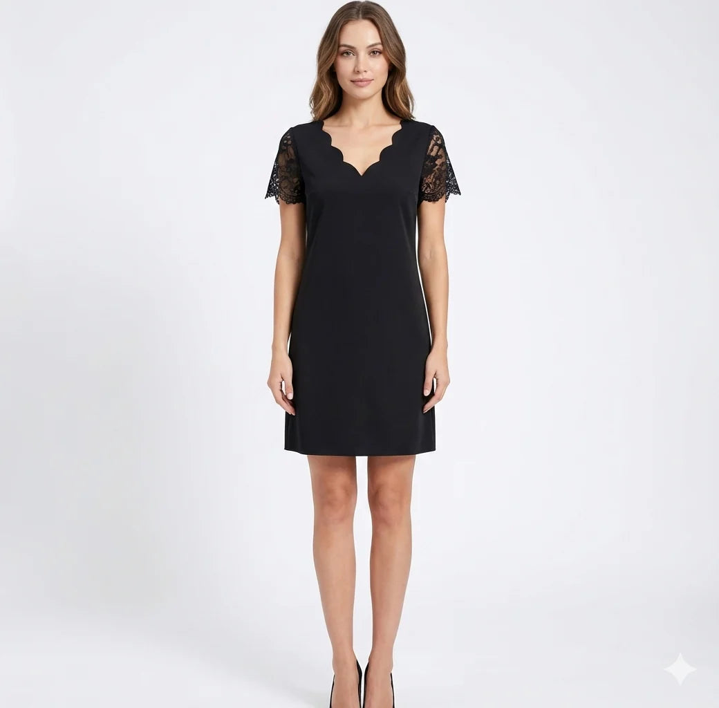 Women’s Lace Sleeve Mini Dress Scalloped V Neck Relaxed Fit