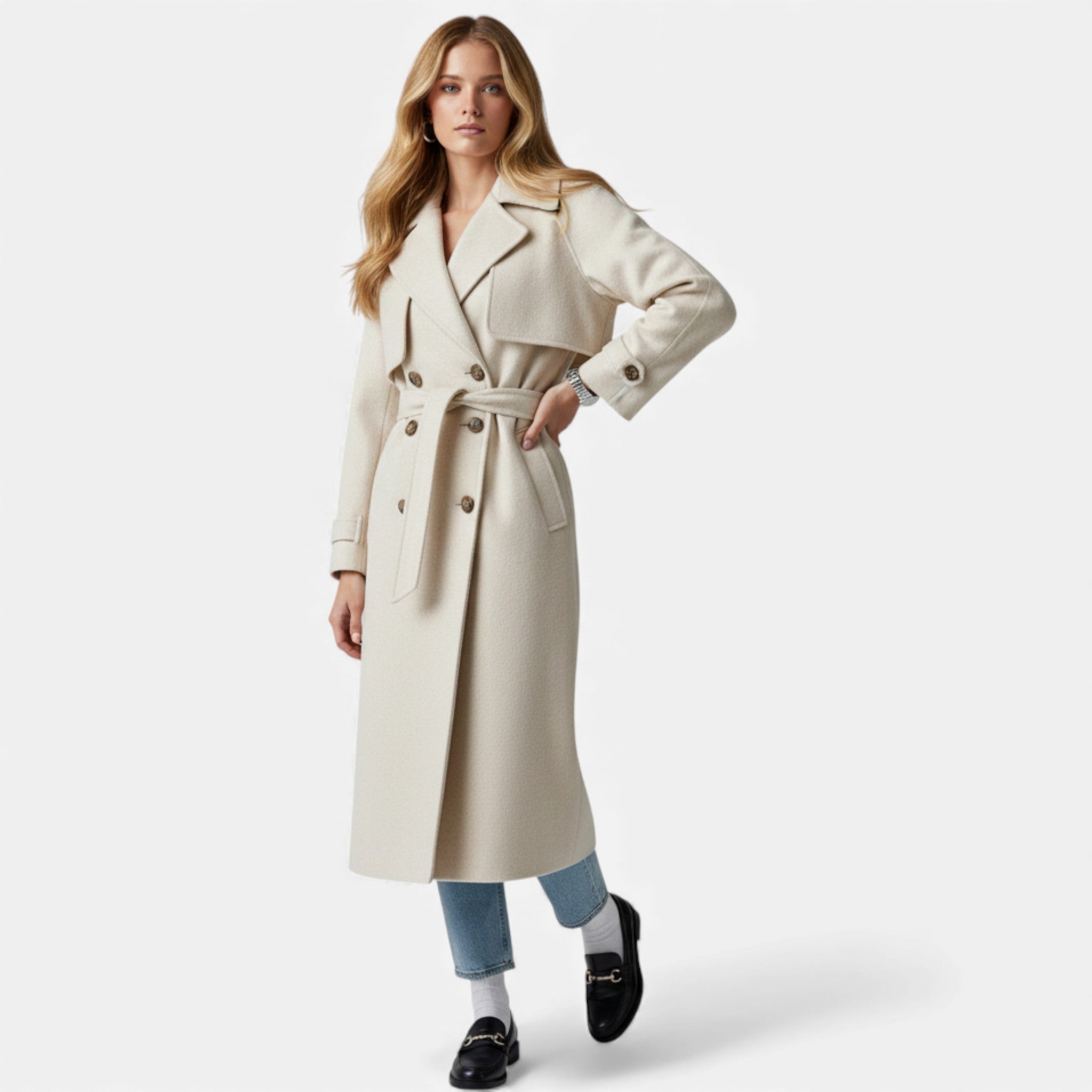 Valmonti | Women’s Belted Lapel Coat – Classic Mid-Length Overcoat