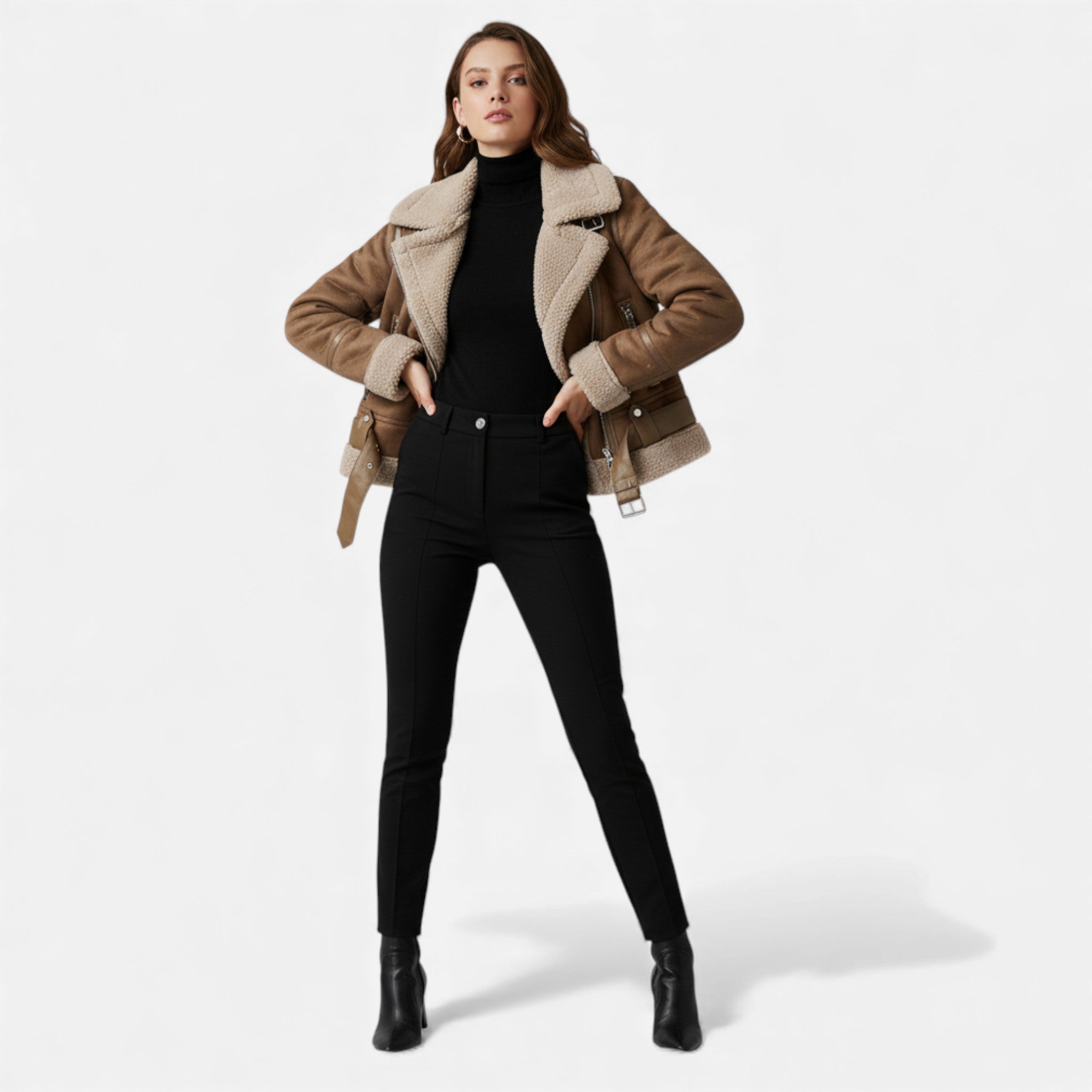 Valmonti | Women’s Suede Lambswool Lapel Jacket – Moto-Style Coat