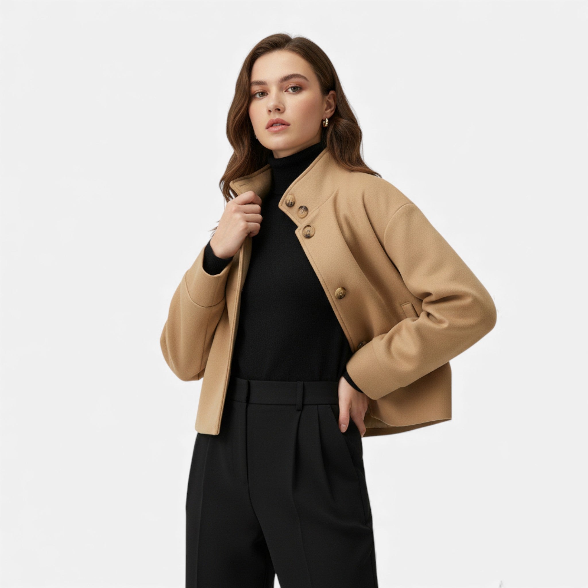 Valmonti | Women’s Wool Breasted Coat – Classic Stand-Collar Coat