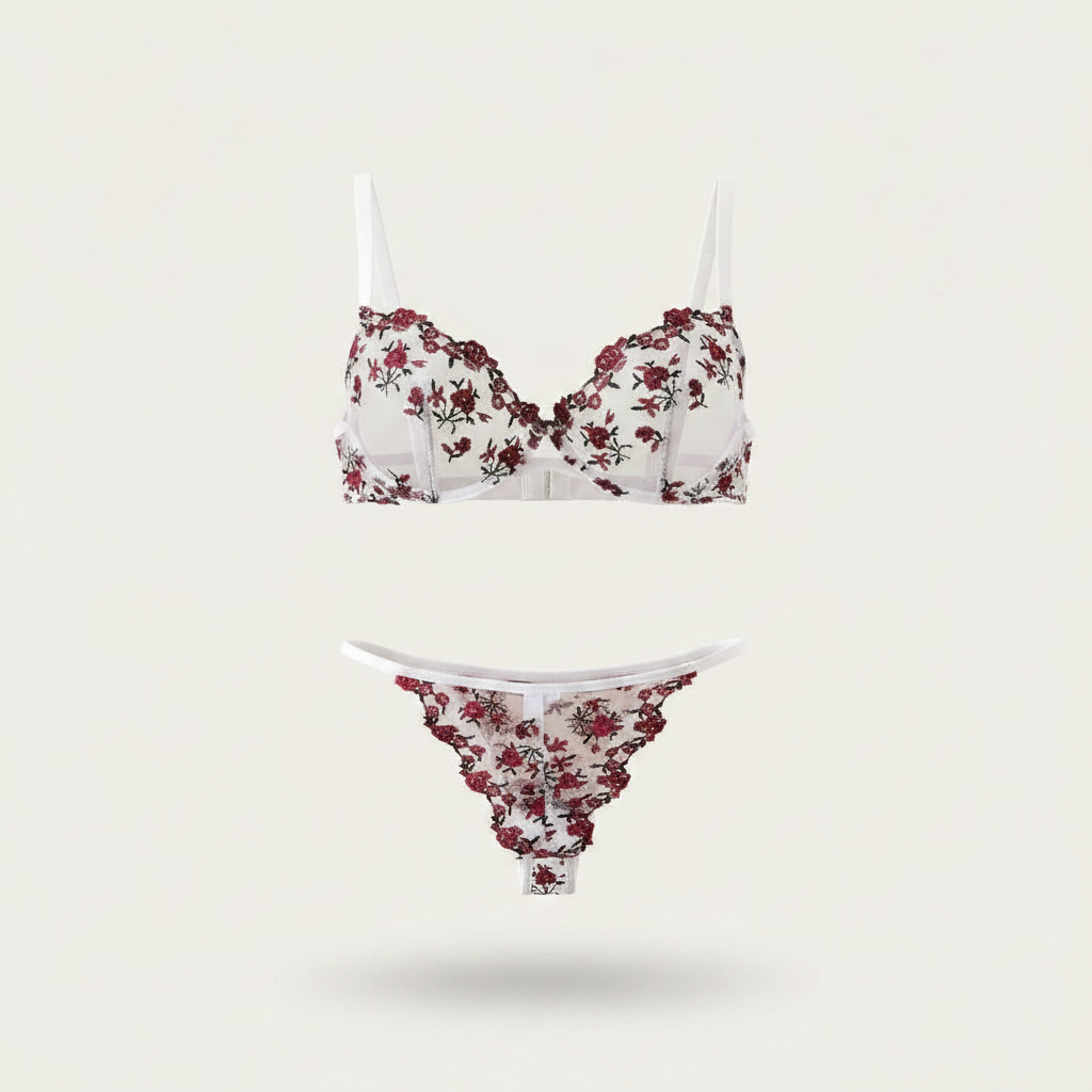 Women’s Embroidered Mesh Bra and Thong Set – Underwired Two-Piece Lingerie