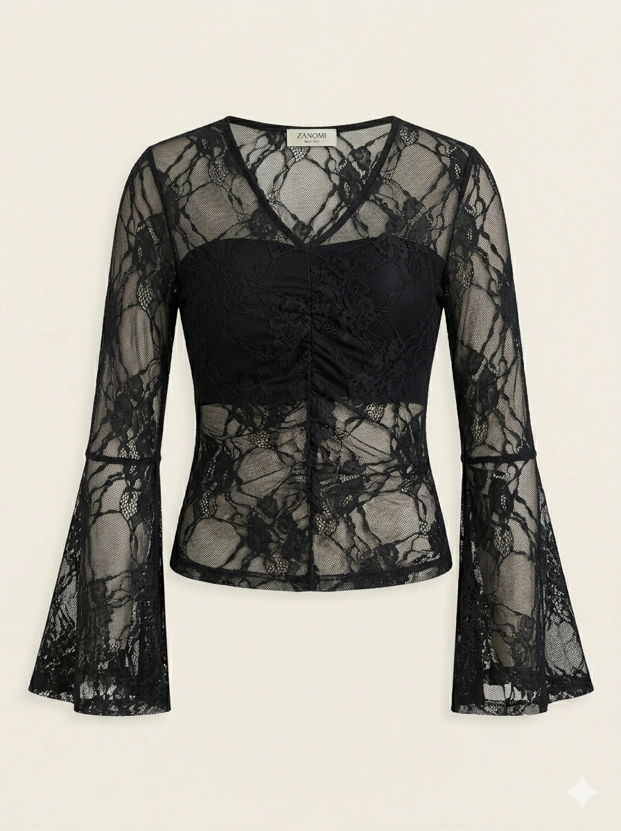 Women’s Sheer Lace Bell Sleeve V-Neck Party Blouse