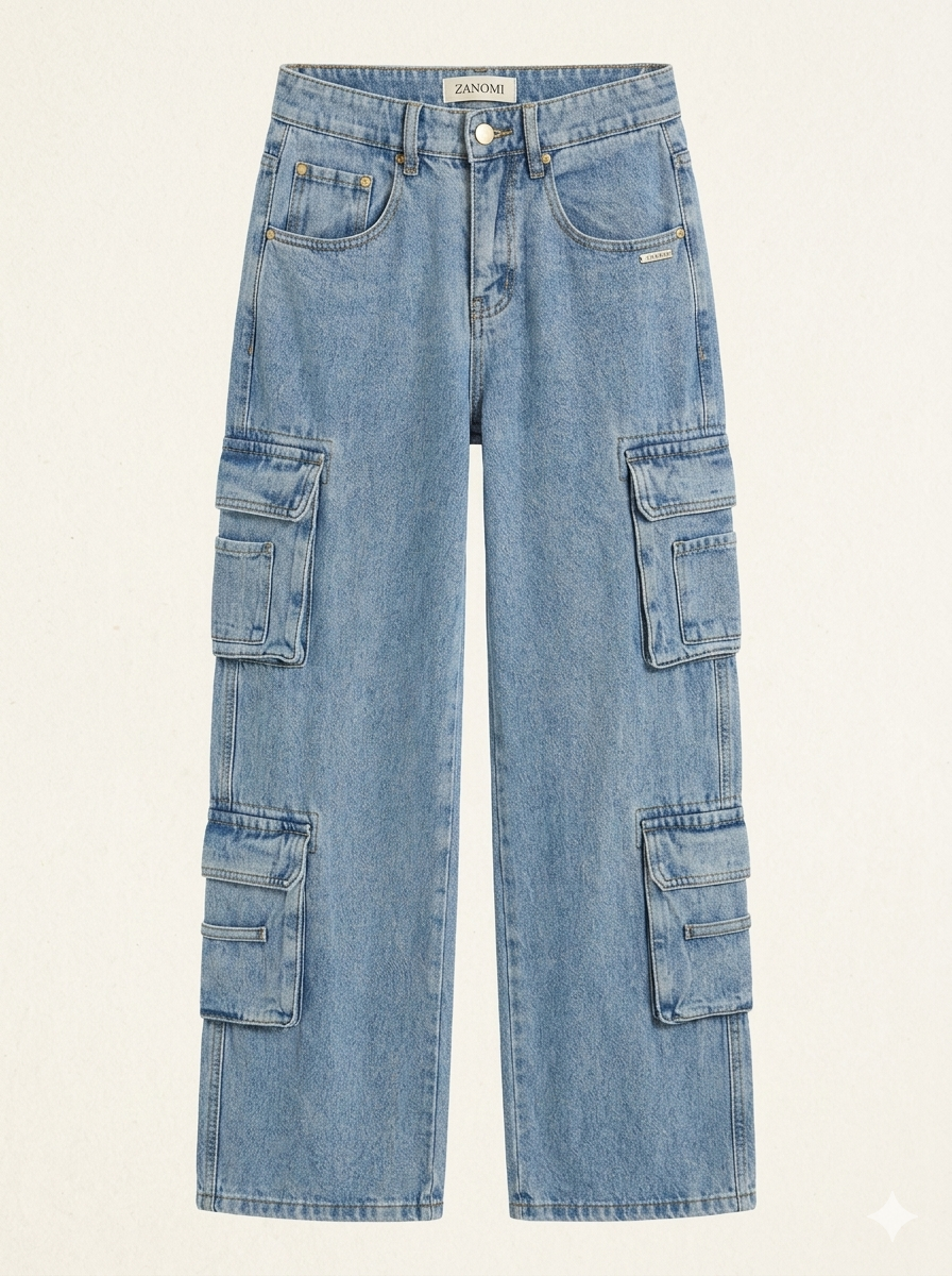 Jeans cargo da donna a gamba larga con tasche utility
