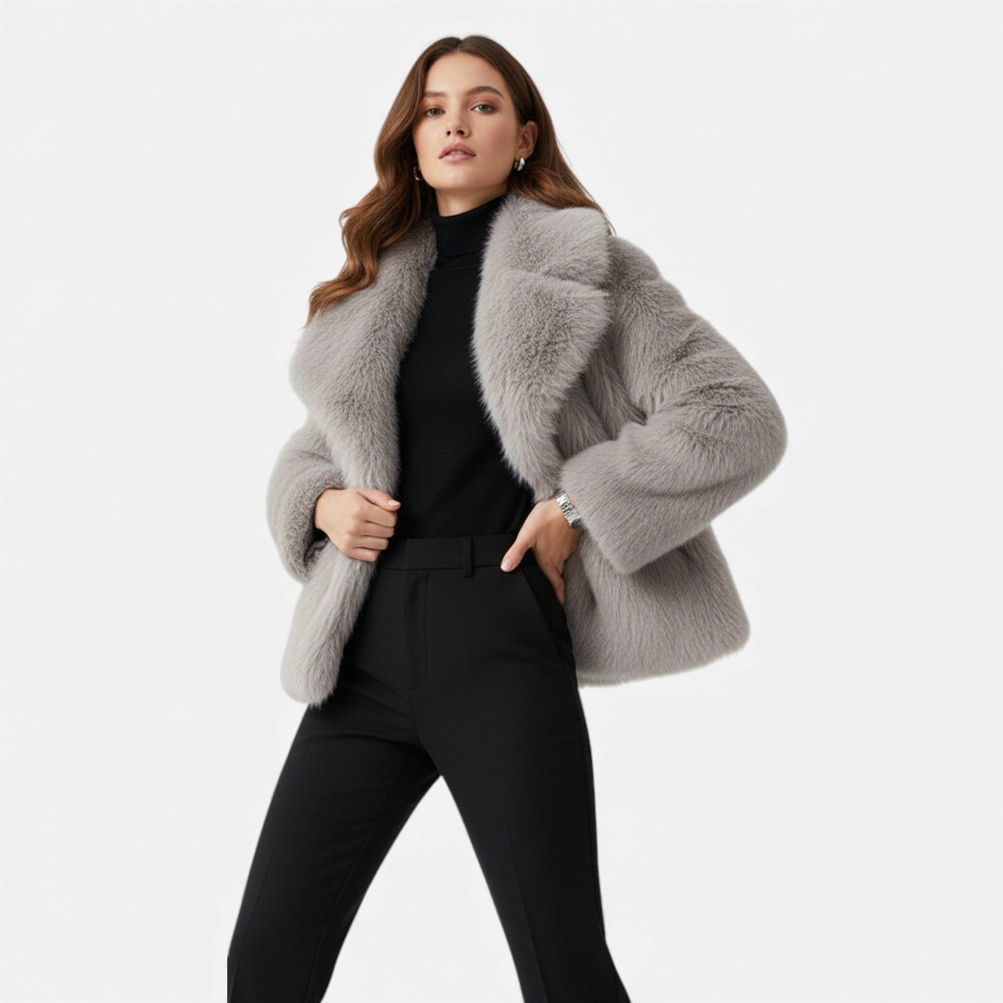 Valmonti | Women’s Faux-Fur Lapel Jacket – Short Cozy Fur Coat