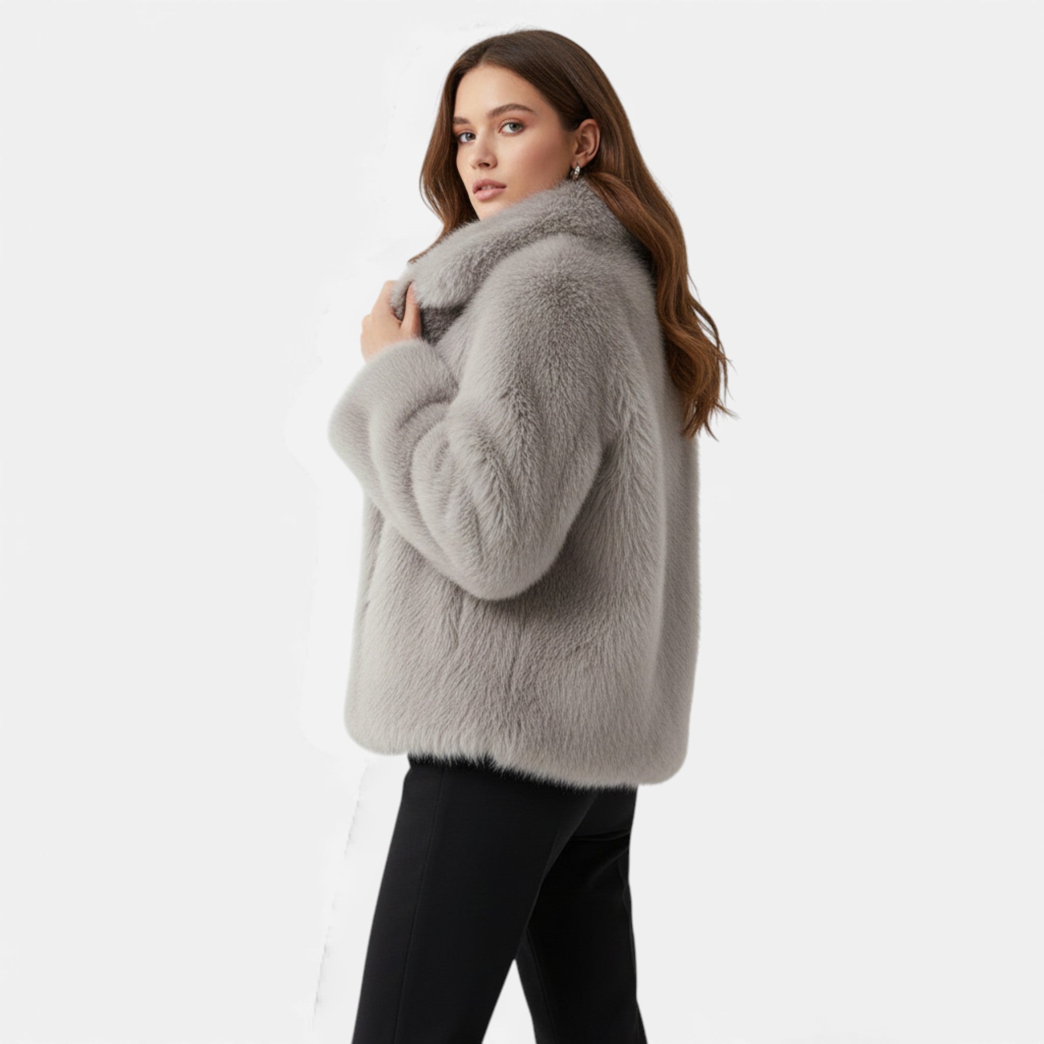 Valmonti | Women’s Faux-Fur Lapel Jacket – Short Cozy Fur Coat
