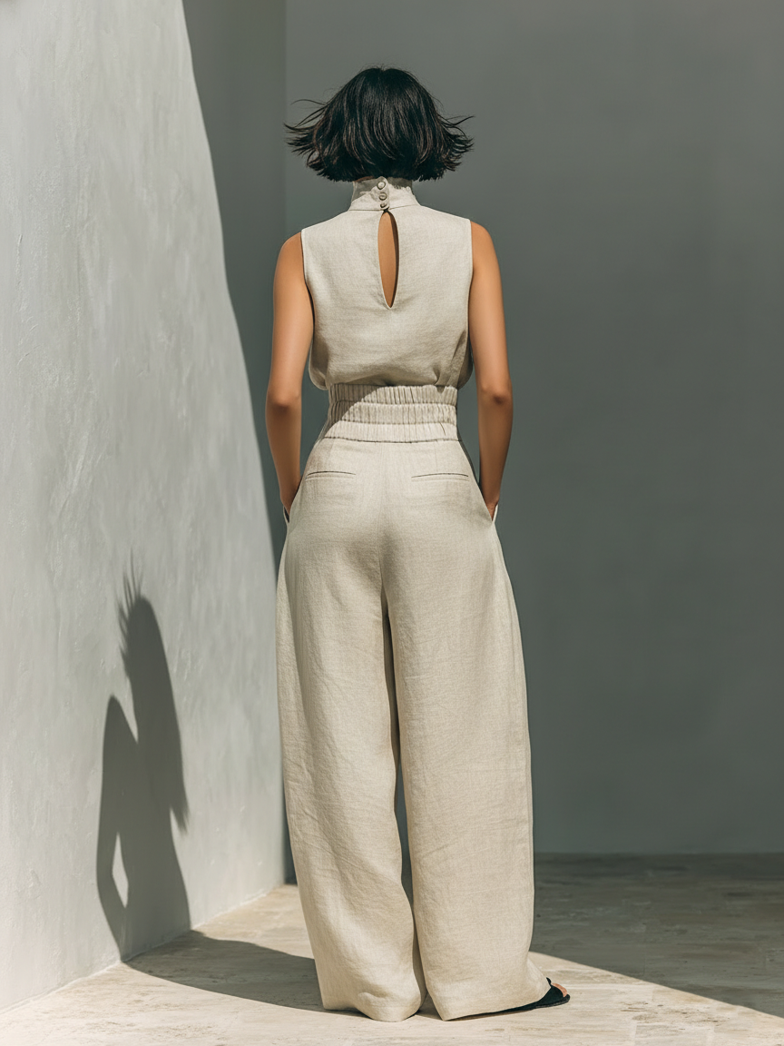 Set două piese pentru femei, pantaloni largi fără mâneci
