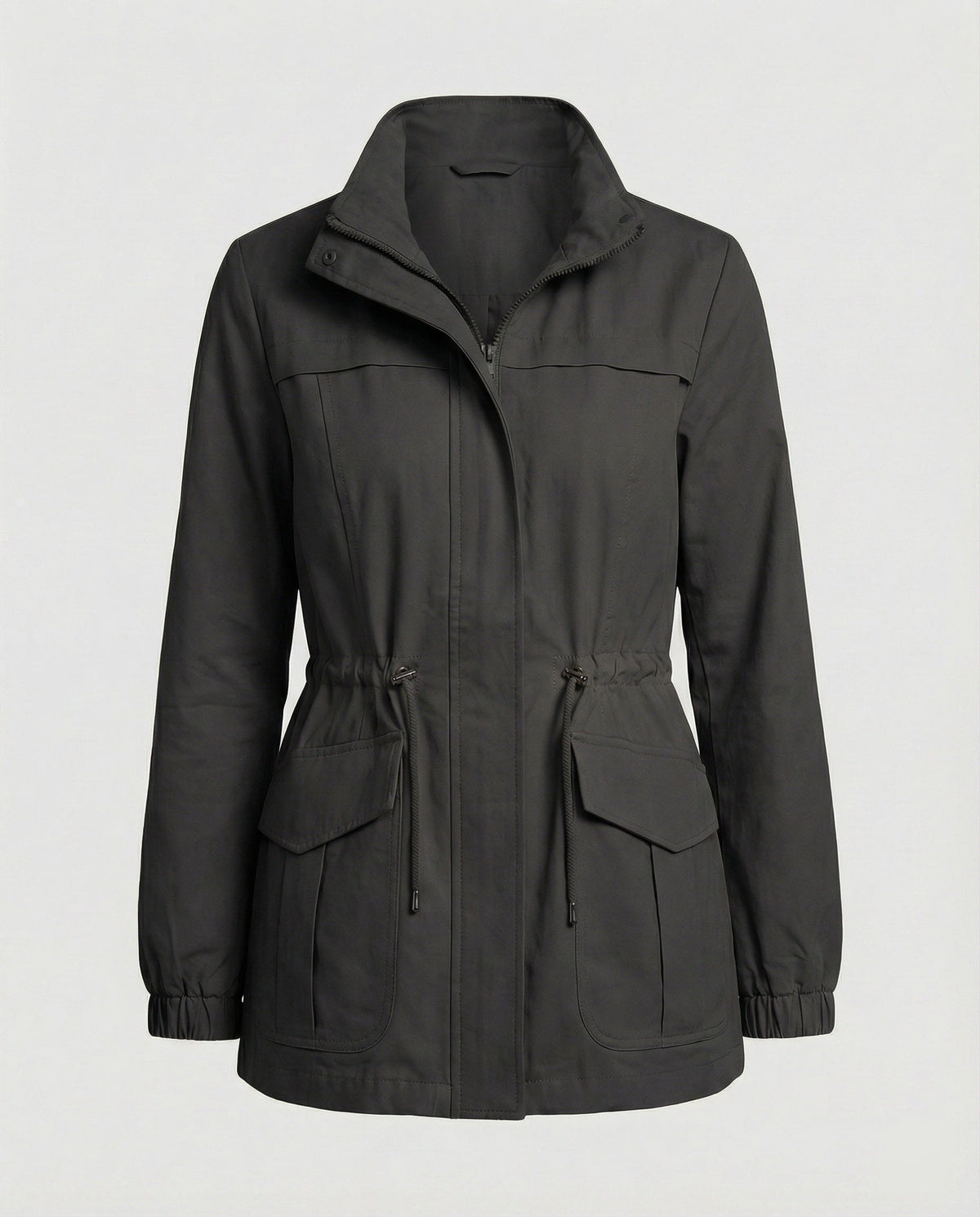 Women's Mid-Length Utility Jacket with Adjustable Drawstring Waist and High Stand Collar – Lightweight Zip-Up Casual Outerwear with Front Pockets for Spring and Autumn City Wear