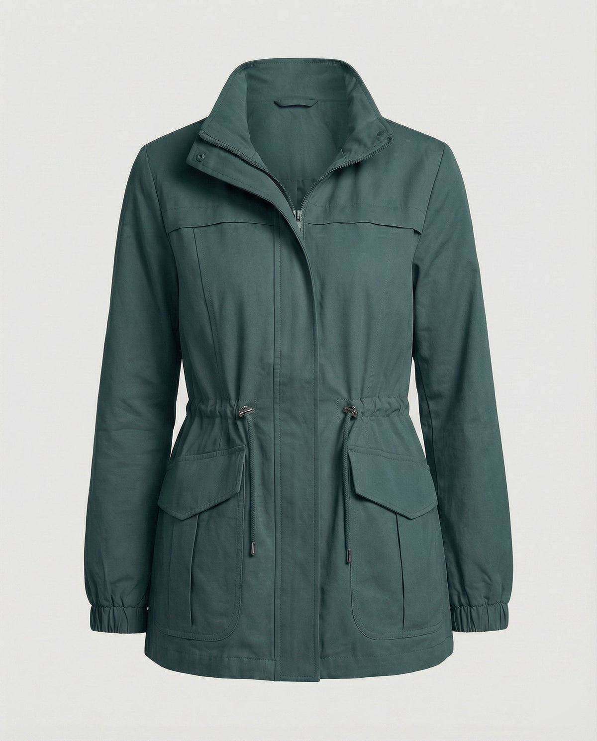 Women's Mid-Length Utility Jacket with Adjustable Drawstring Waist and High Stand Collar – Lightweight Zip-Up Casual Outerwear with Front Pockets for Spring and Autumn City Wear