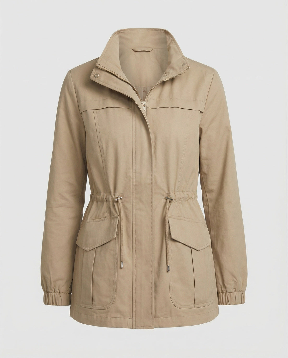 Women's Mid-Length Utility Jacket with Adjustable Drawstring Waist and High Stand Collar – Lightweight Zip-Up Casual Outerwear with Front Pockets for Spring and Autumn City Wear