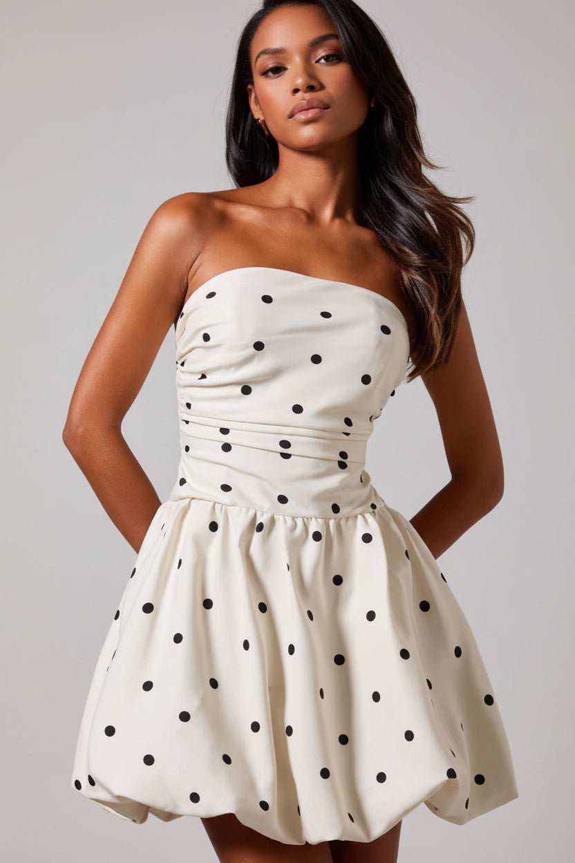 Women’s Strapless Mini Dress Printed Ruched Bubble Hem