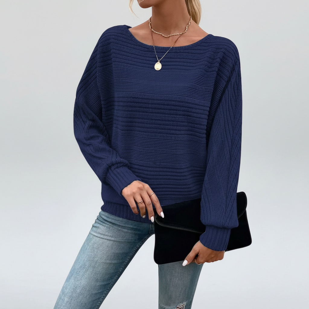 Dame strikket sweater med struktur, afslappet pasform og lange flagermusærmer