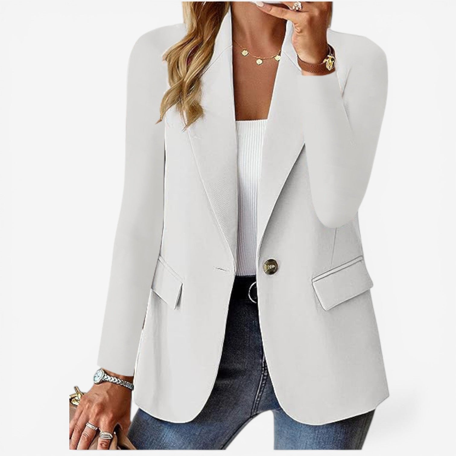 Dámské sako s výraznou klopou – elegantní vrstva s jedním knoflíkem do kanceláře i pro smart casual styl