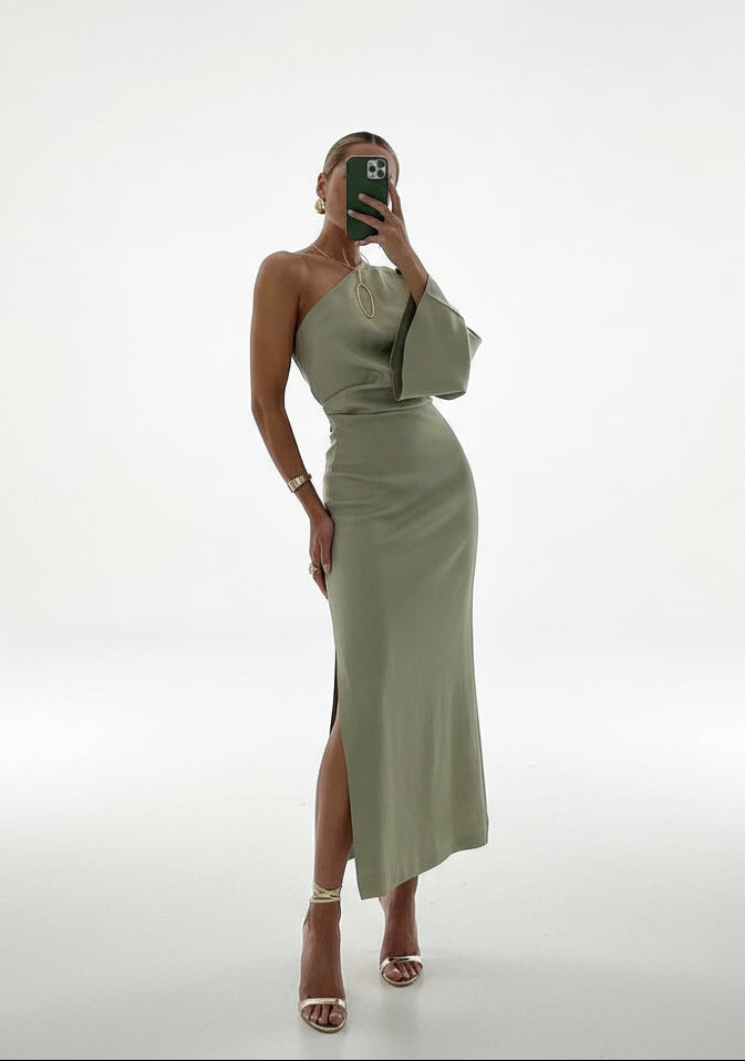Women’s Satin Midi Dress Asymmetric Drape Sleeve Slit