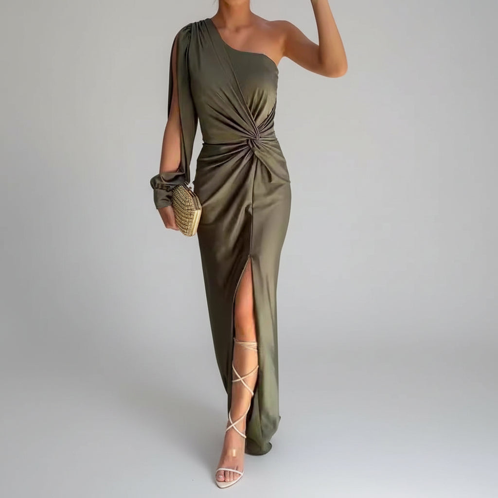 Vestido maxi asimétrico de satén para mujer con abertura frontal
