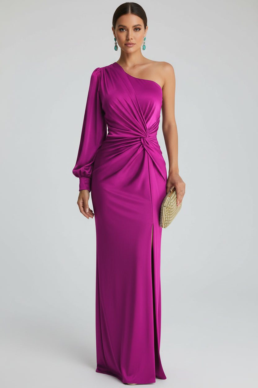 Vestido maxi asimétrico de satén para mujer con abertura frontal