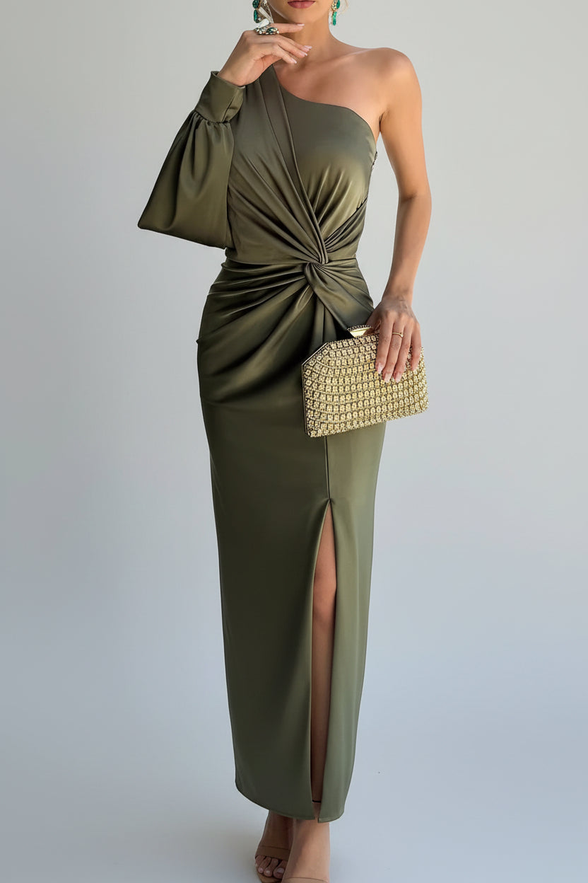 Vestido maxi asimétrico de satén para mujer con abertura frontal