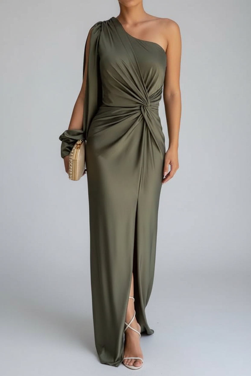 Vestido maxi asimétrico de satén para mujer con abertura frontal