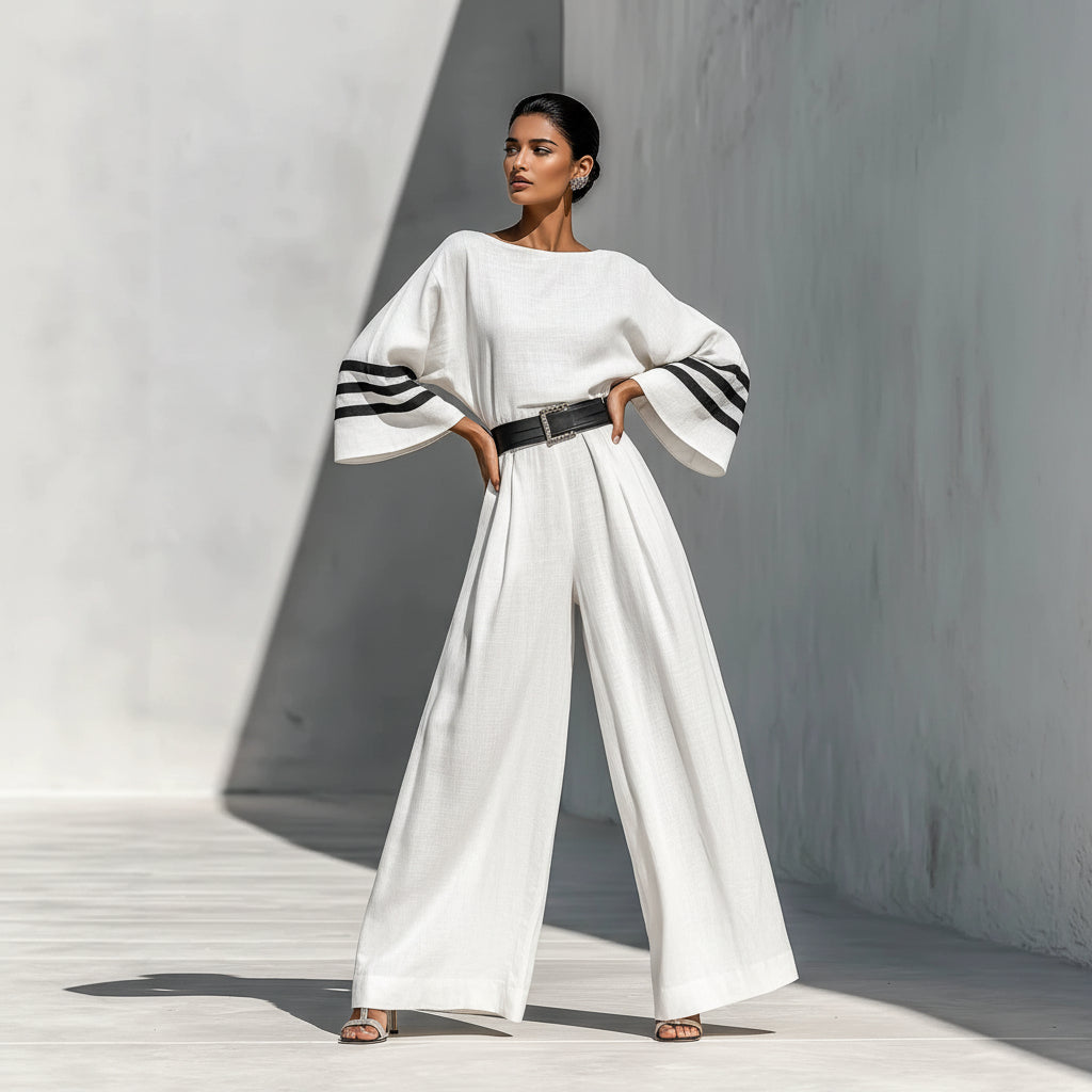 Women’s Wide Leg Jumpsuit Belted Linen Look Silhouette