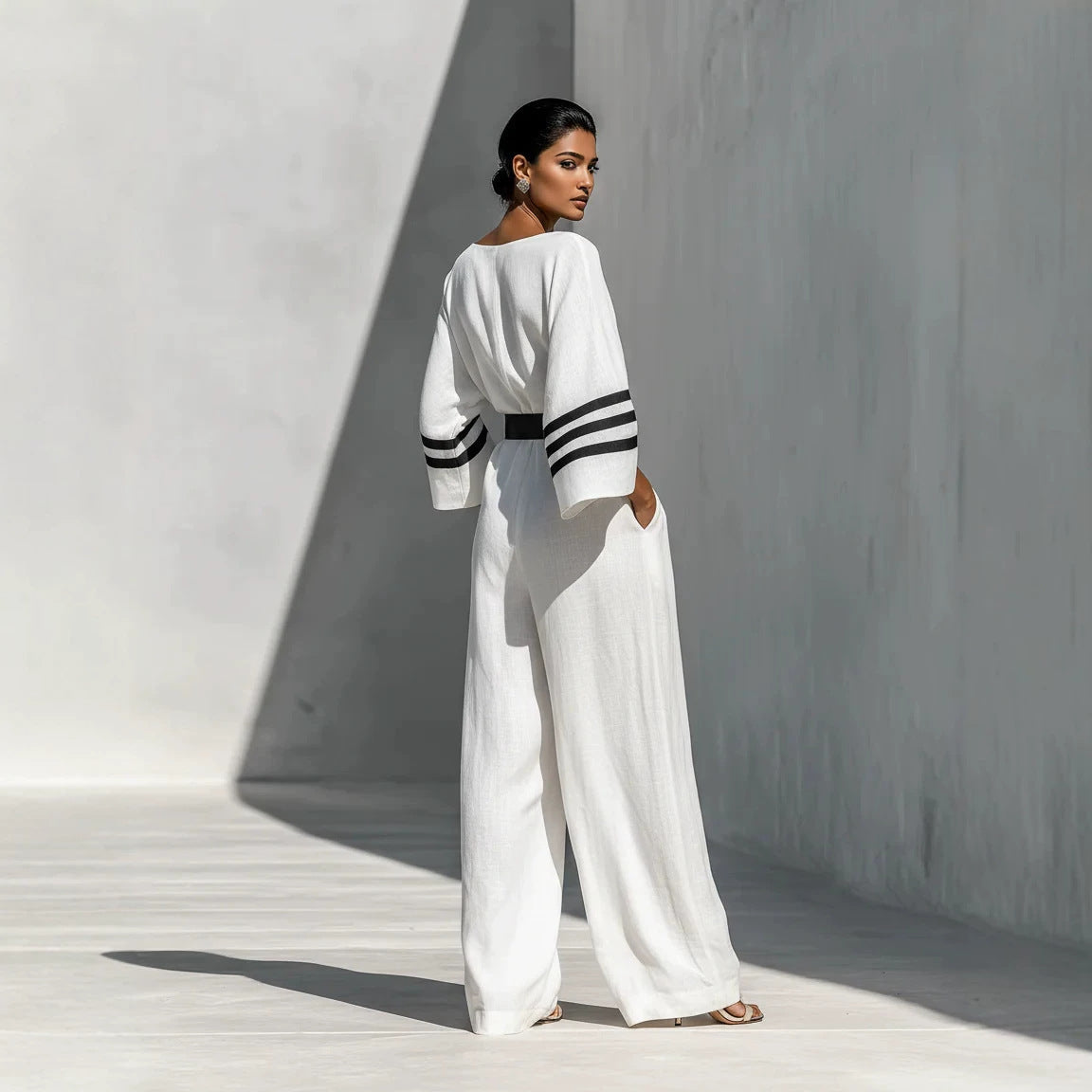 Women’s Wide Leg Jumpsuit Belted Linen Look Silhouette