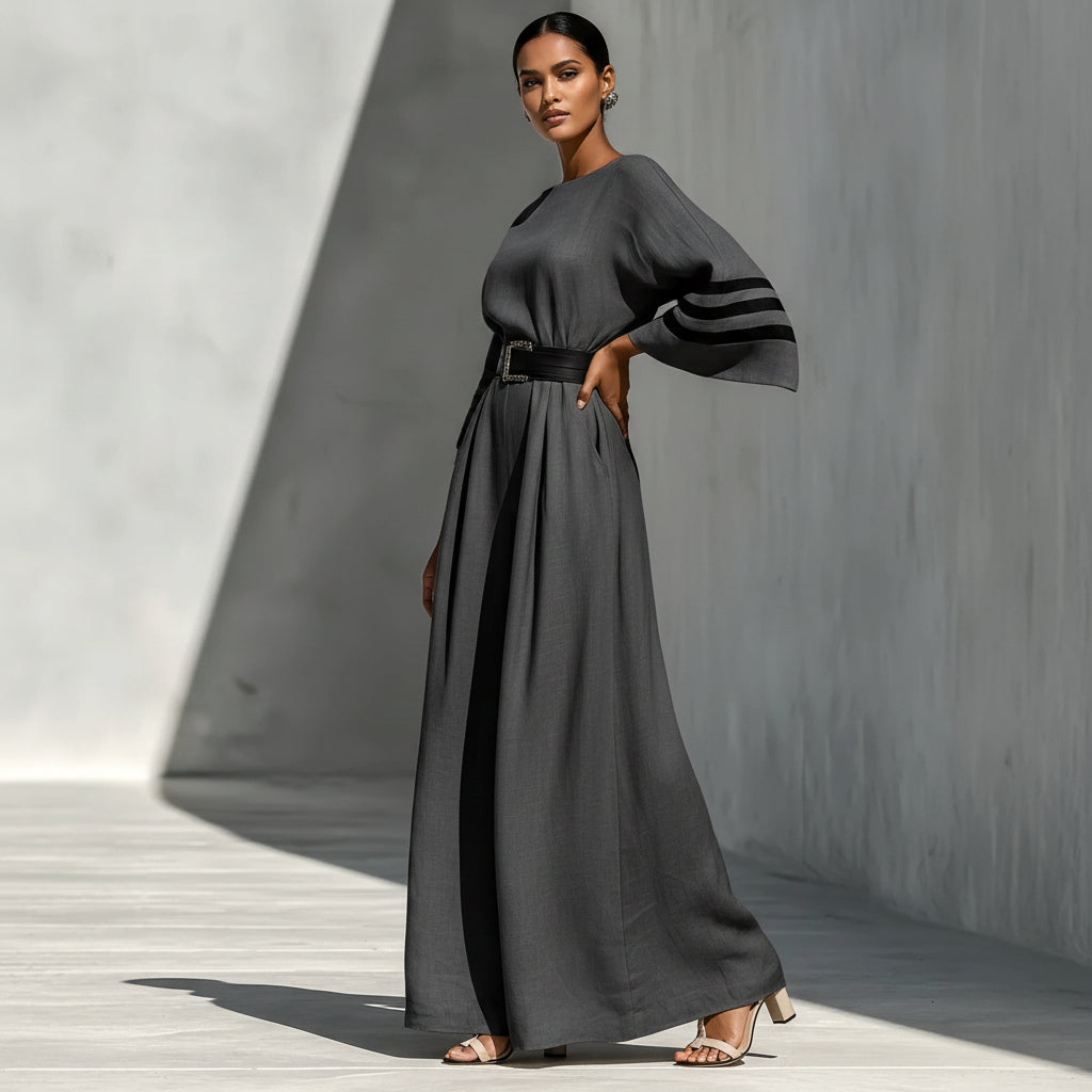 Women’s Wide Leg Jumpsuit Belted Linen Look Silhouette