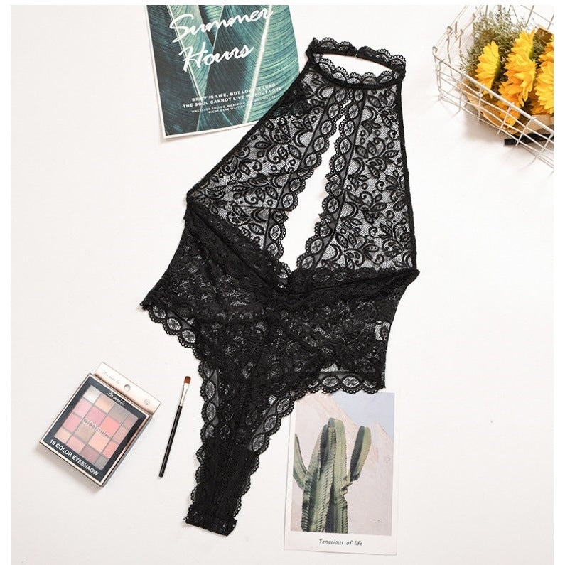 Women’s Halter Lace Bodysuit Deep Plunge Sheer Fit