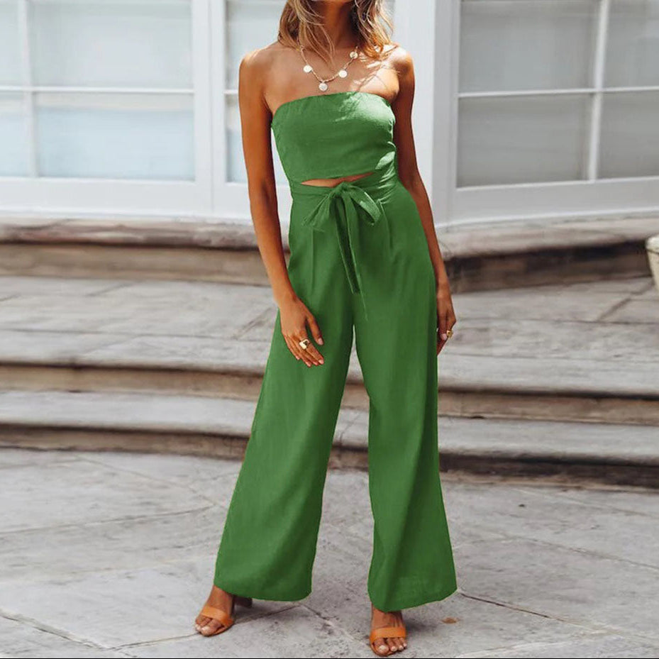 Strapless jumpsuit voor dames met wijde pijpen en strikceintuur - outfit met uitsparingen voor zomeravonden