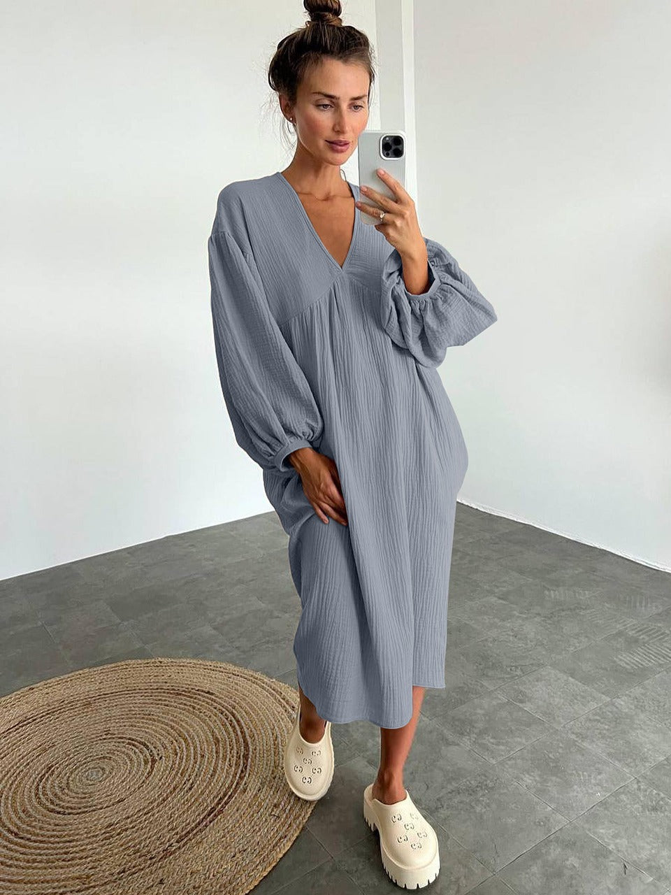 Camisón midi para mujer con escote en V, mangas abullonadas y ajuste relajado