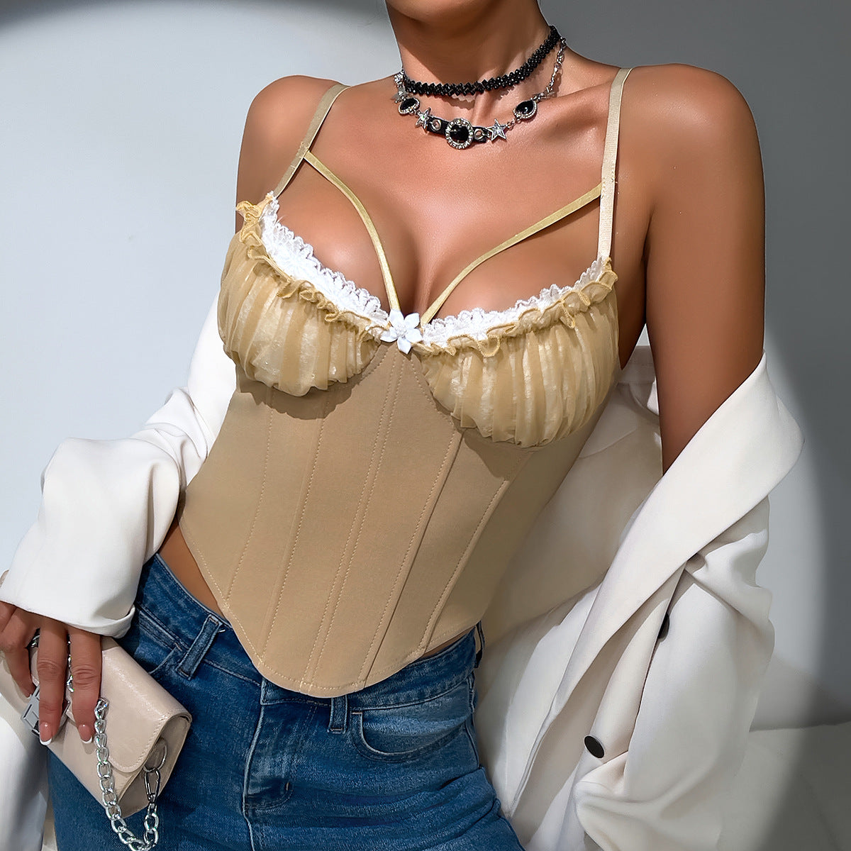 Top corset pentru femei cu dantelă, bustier structurat, cami
