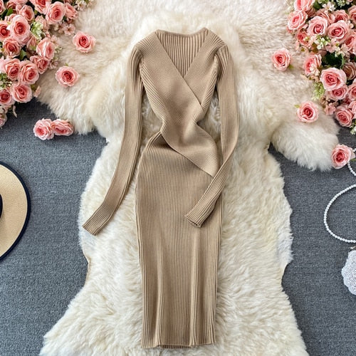 Women’s Ribbed Knit Bodycon Midi Dress – Crossed Neckline Long Sleeve Occasion Style