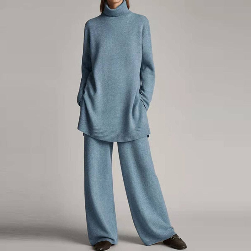 Women’s Relaxed Turtleneck Set – Stretch Cotton Blend Wide-Leg Loungewear for Autumn and Winter