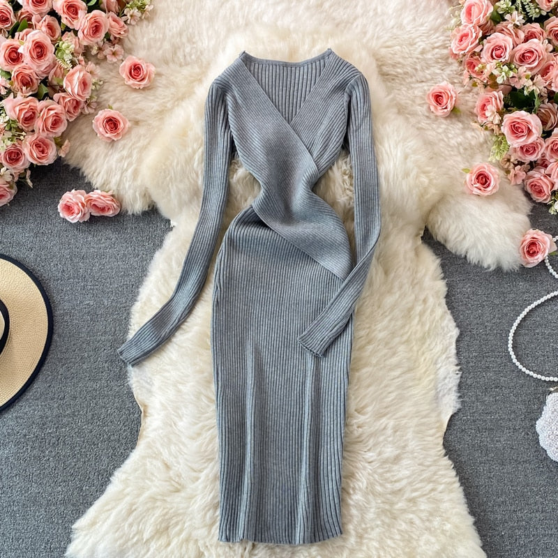 Women’s Ribbed Knit Bodycon Midi Dress – Crossed Neckline Long Sleeve Occasion Style