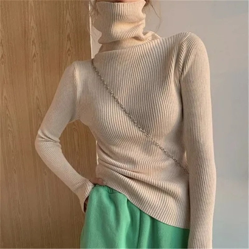 Women’s Ribbed Turtleneck Jumper Soft Stretch Knit Slim Fit Pullover