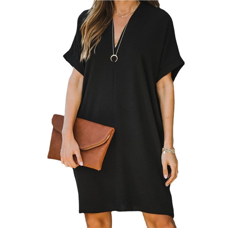 Vestido túnica relajado para mujer con cuello en V, ajuste suelto y minimalista