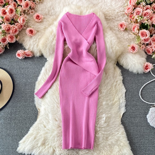 Women’s Ribbed Knit Bodycon Midi Dress – Crossed Neckline Long Sleeve Occasion Style