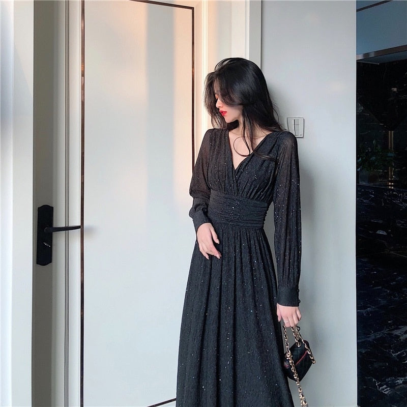 Vestido de noche largo con brillo para mujer, manga larga, corte fluido y maxi
