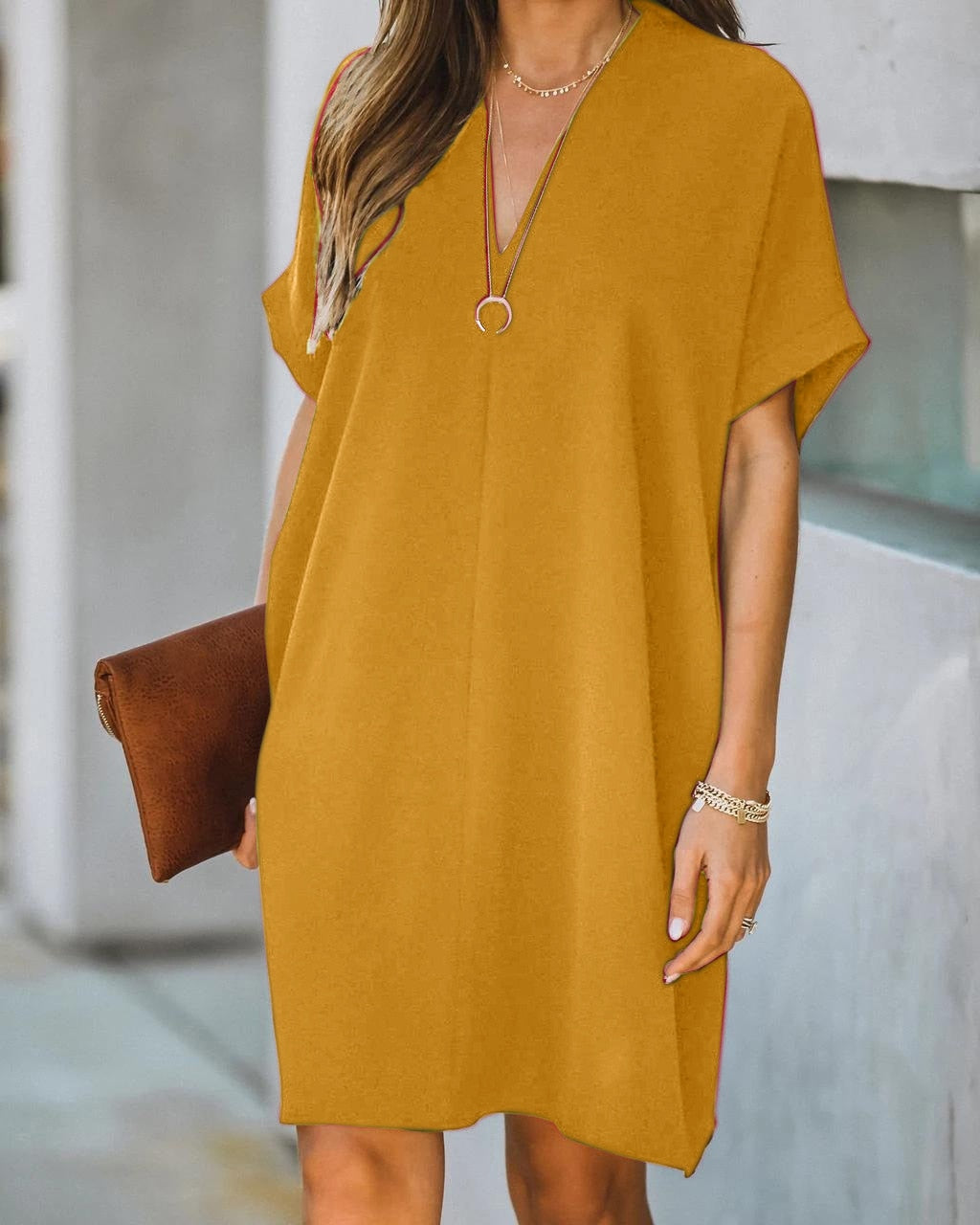 Vestido túnica relajado para mujer con cuello en V, ajuste suelto y minimalista