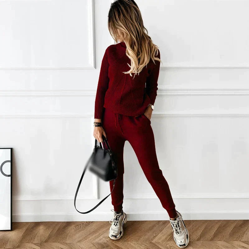 Ensemble tricoté deux pièces à col roulé côtelé pour femme - Pull chaud à manches longues et pantalon décontracté à cordon pour le quotidien en automne et en hiver
