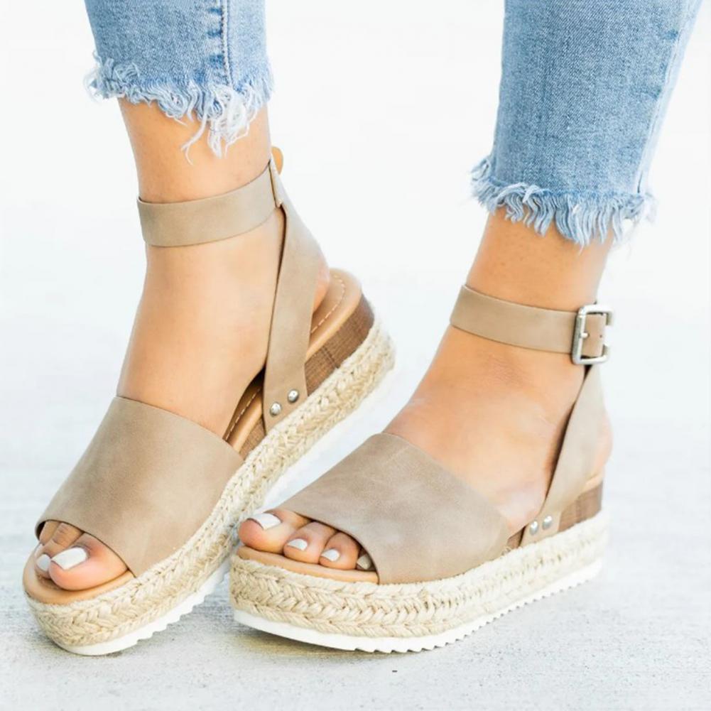 Damskie sandały espadryle na platformie z paskami zapinanymi wokół kostki – letnie buty z odkrytymi palcami na wakacje