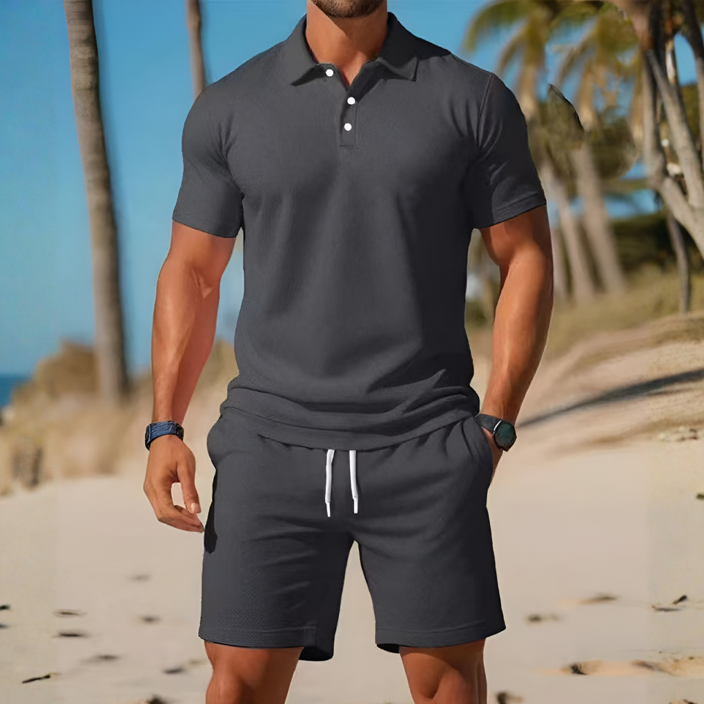 Herre strikket poloshirt og shorts afslappet sæt