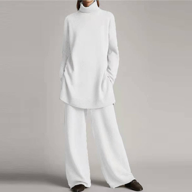 Women’s Relaxed Turtleneck Set – Stretch Cotton Blend Wide-Leg Loungewear for Autumn and Winter