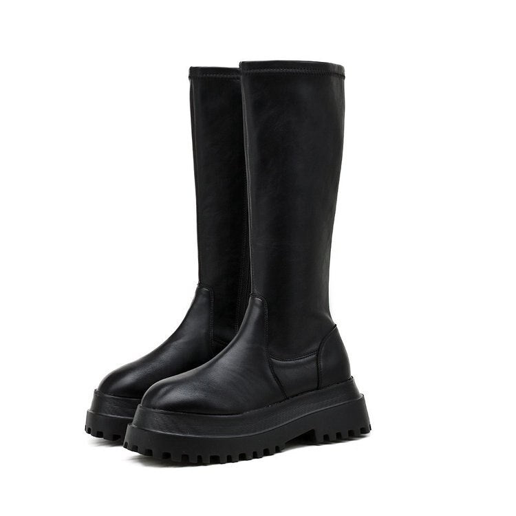 Botas altas de plataforma para mujer hasta la rodilla con suela gruesa dentada - Botas altas clásicas de punta redonda para otoño e invierno