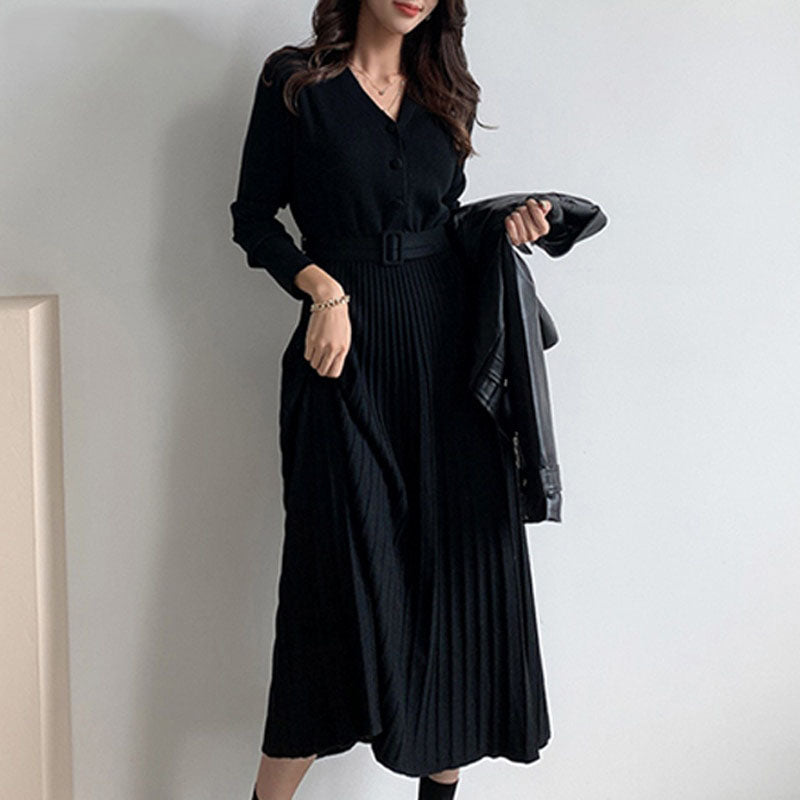 Vestido midi plisado de punto para mujer con cinturón: estilo refinado para primavera y otoño