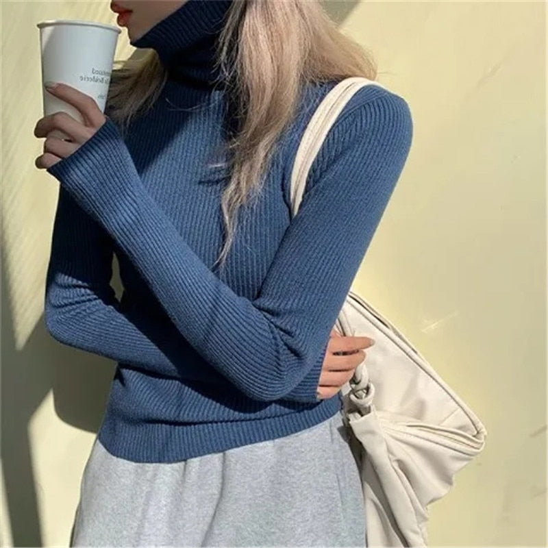 Women’s Ribbed Turtleneck Jumper Soft Stretch Knit Slim Fit Pullover