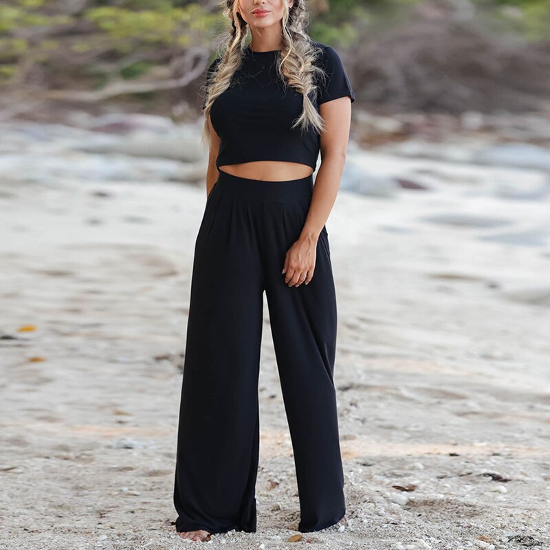 Women’s Relaxed Two-Piece Loungewear Set – Cropped T-Shirt and Wide-Leg Trousers for Summer