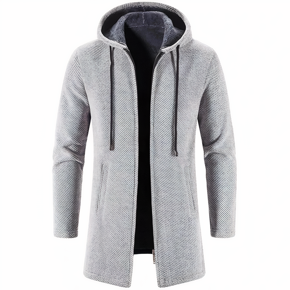 Men’s Textured Hooded Long Jacket – Streamlined Zip-Up Layer for Casual Winter Wear